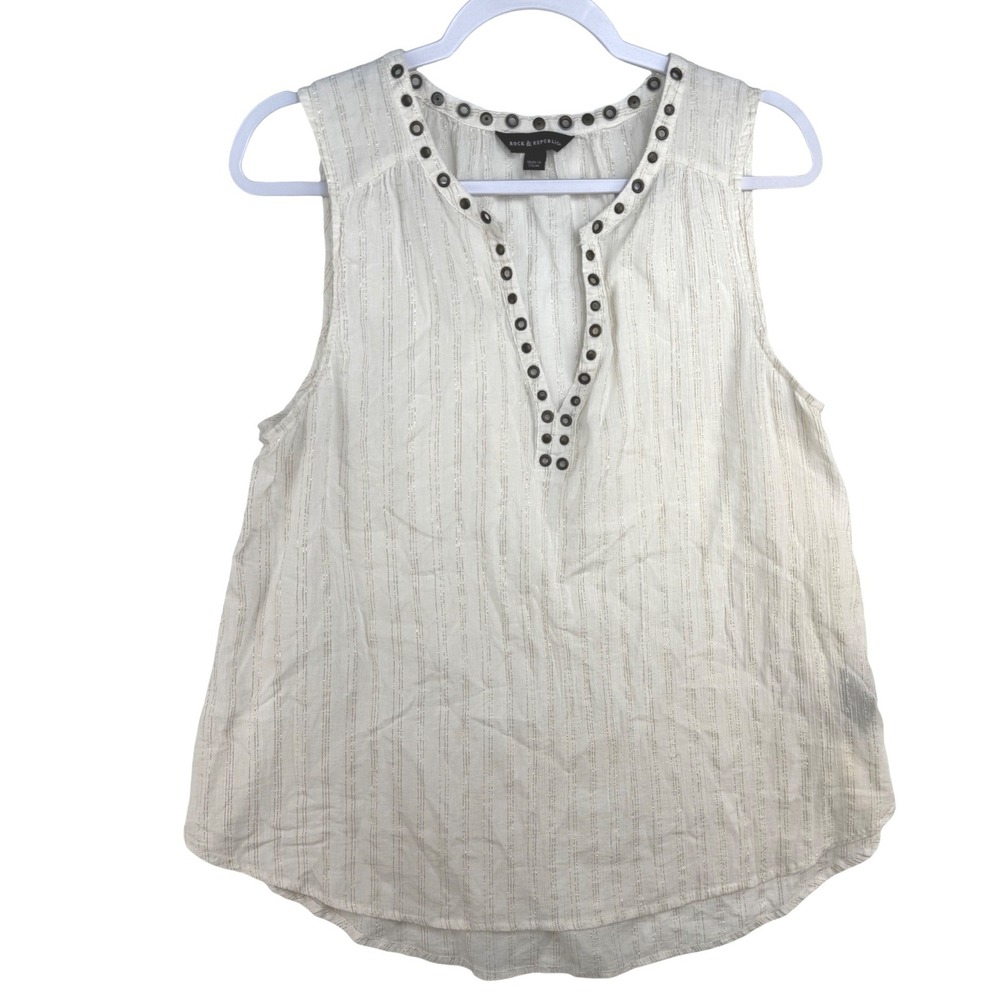 Rock & Republic Womens XL Ivory Metallic Stripe Grommet Studded Sleeveless Top